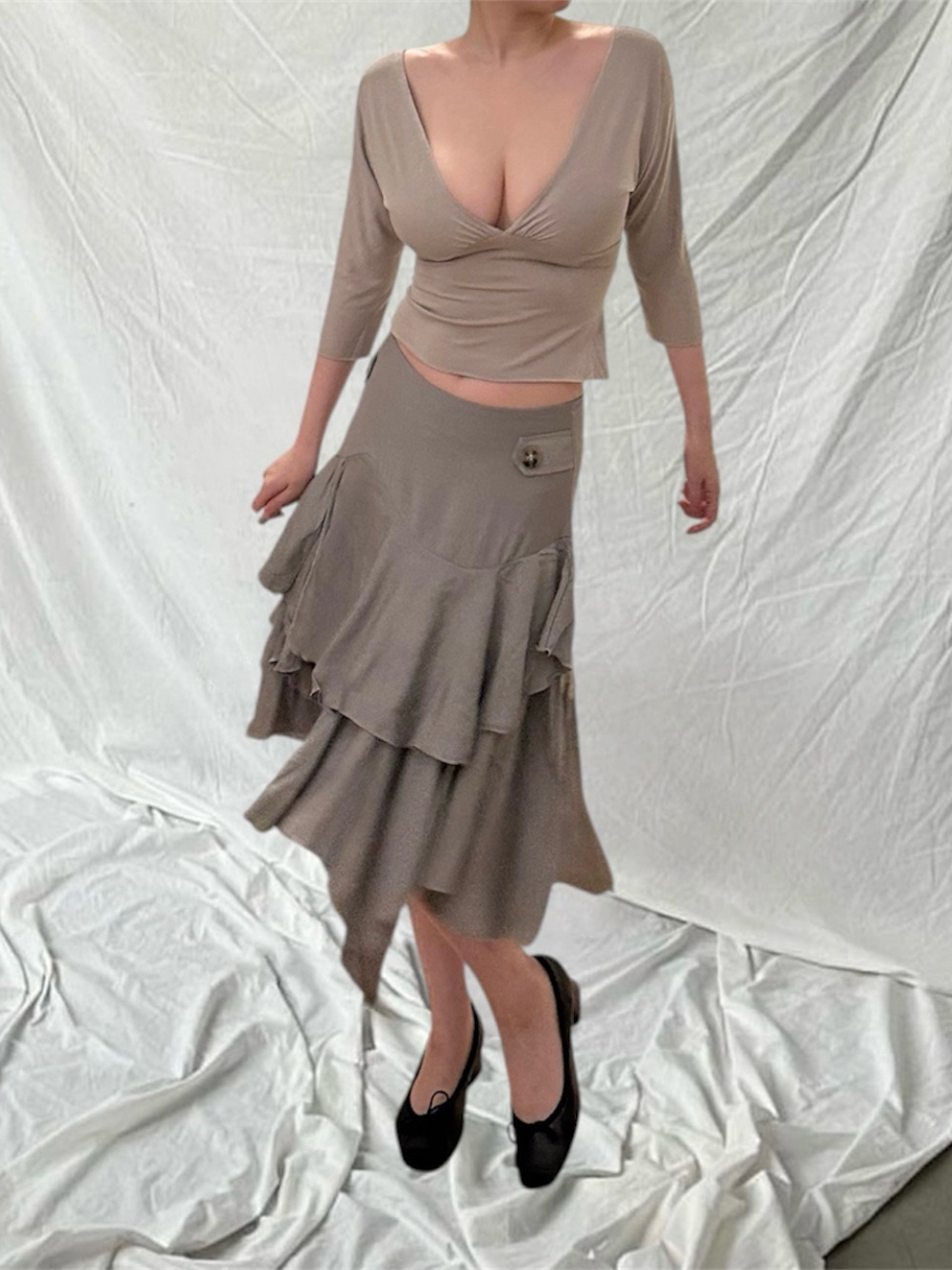 Y2K Grey Ruffle Asymmetric Layered Midi Skirt - Women
